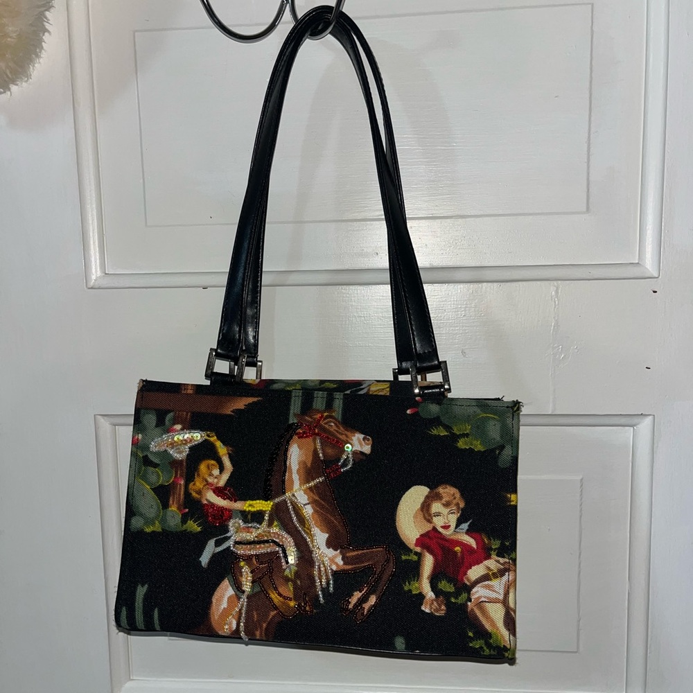 Vintage Black Shoulder Bag with Western Horse and Rider Print